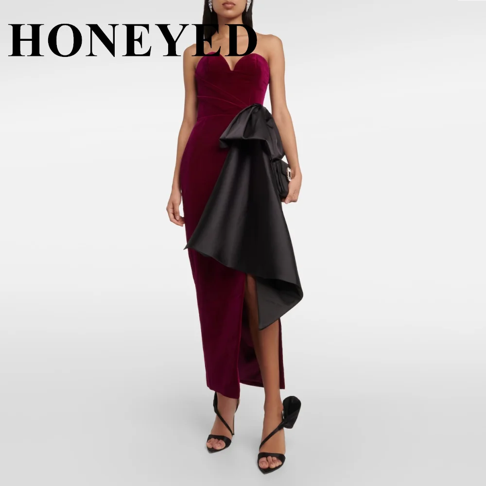 HONEYED Bow Black Velour Sweetheart Evening Party Dresses Modest Big Bow Strapless Side Slit Simple Prom Dress Gowns Elegant