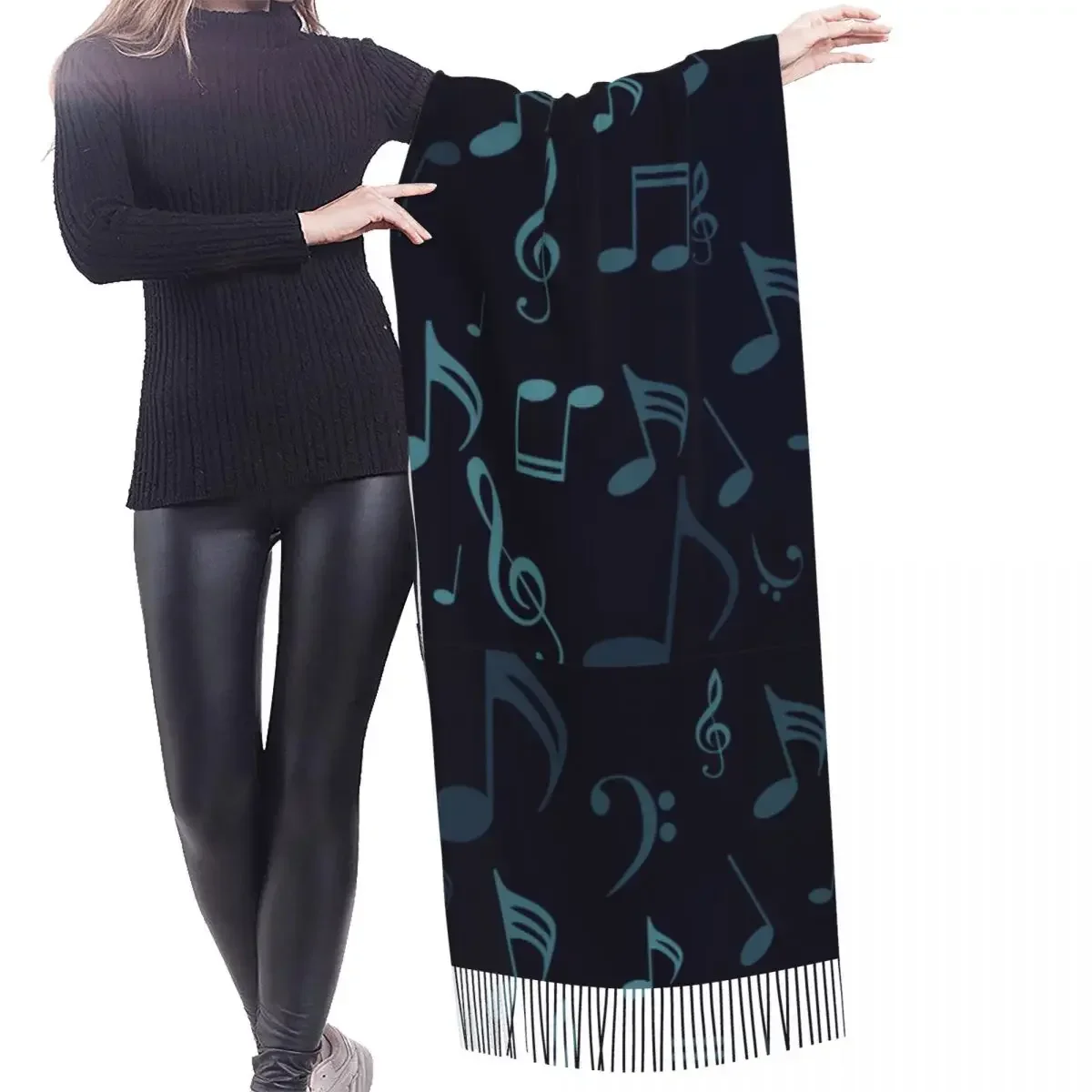 Kwastje Sjaal Grote 196*68Cm Pashmina Winter Warm Sjaal Wrap Bufanda Vrouwelijke Muzieknotities Treble Sleutel Kasjmier Sjaals