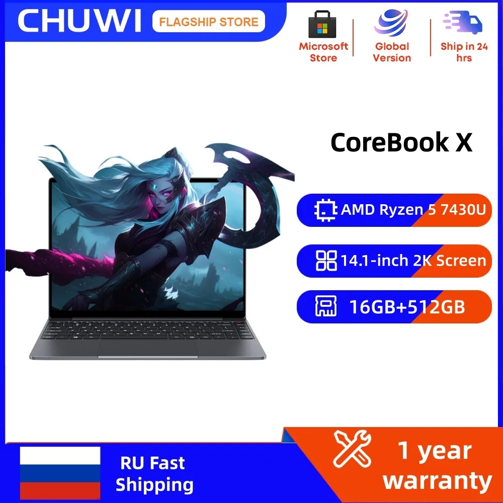 CHUWI CoreBook X ordinateur portable AMD R5-7430U ordinateur portable de jeu 16GB DDR4 RAM 512GB SSD 14.1 ''écran 2K Windows 11 Wifi6 ordinateur portable