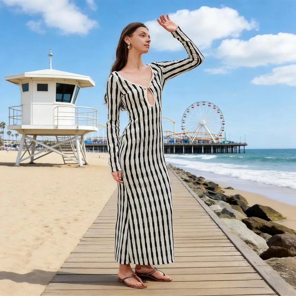 

Cover Up Dress Women V-Neck Long Sleeve Loose Fit Beach Dress Loose Fit Striped Print Sun Protection Bikini Cover Up Beachwear
