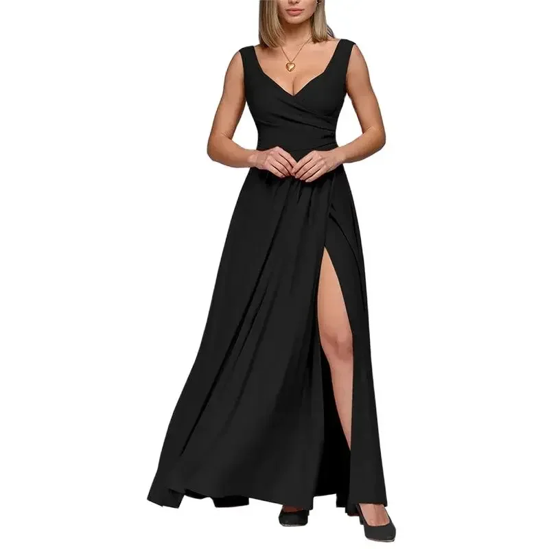 

Fashion Crossover Wrap Bust Dresses Women Sleeveless High Waist Side Split Hem Dress Female New Casual Commuter Party Long Gown