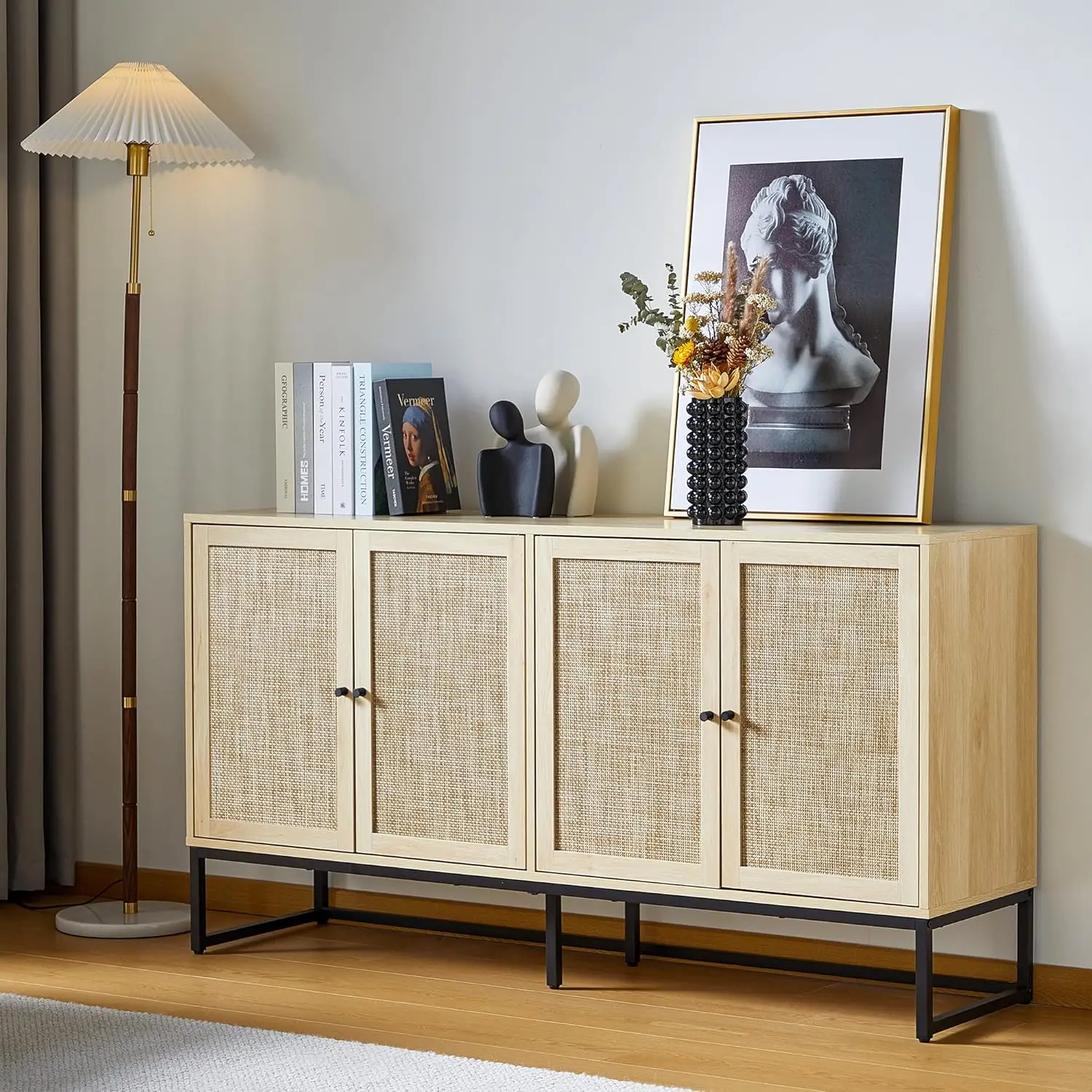 

Modern Sideboard Cabinet, Accent Storage Cabinet with Rattan Doors and Adjustable Shelves, Freestanding Sideboard for Kitchen