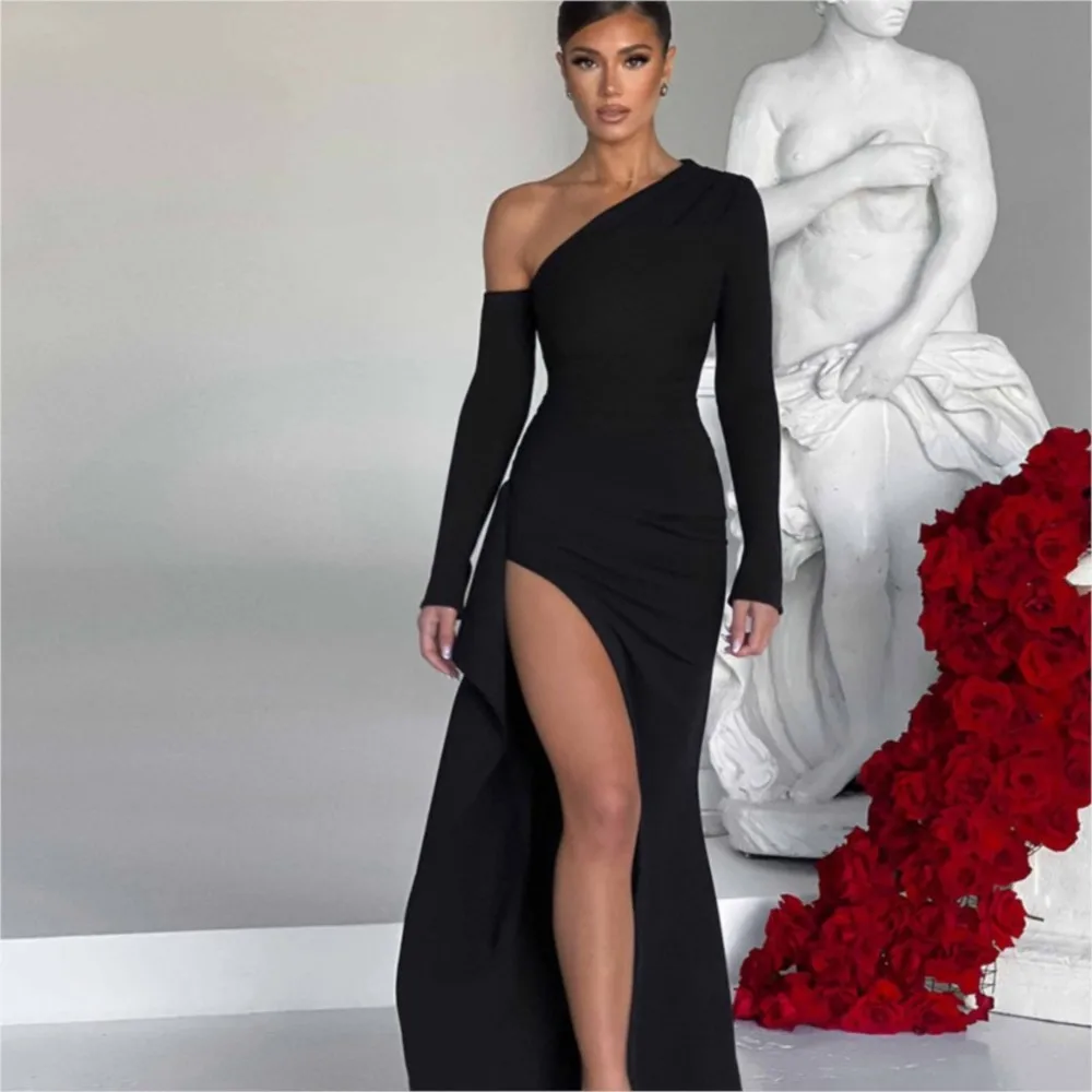 

Solid Color Bodycon Midi Dress Women Autumn Winter Long Sleeve Sexy Slanted Collar Off-Shoulder Irregular Split Hem Ropa Mujer