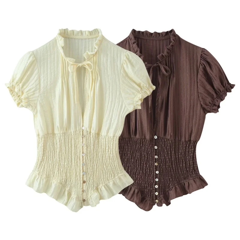 2026 New Summer Women Lightweight Blouses Retro British Style Puff Sleeve Tie Neck Slim Ruffle Casual Daily Wear Shirts