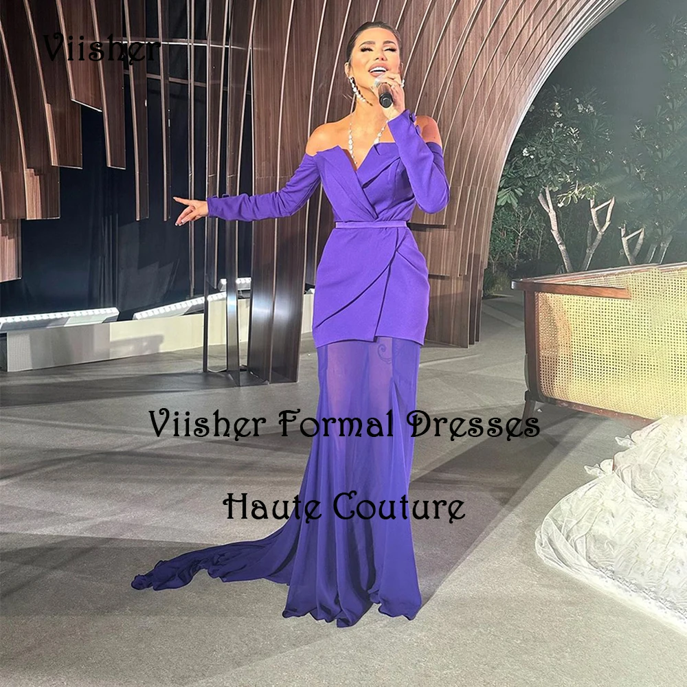 

Purple Satin Chiffon Mermaid Evening Dresses for Women 3/4 Sleeve Arabian Dubai Fromal Prom Dress with Train