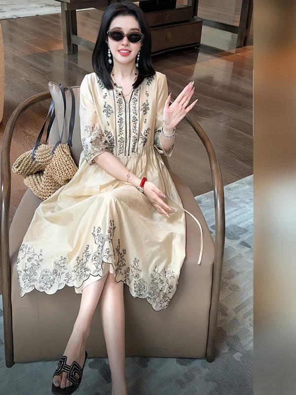 

Linda Sister High-End Embroidered Summer New Lazy Sle Dr High Waist A-Line Midi Skirt V-Ne ort Sve Women's Dr