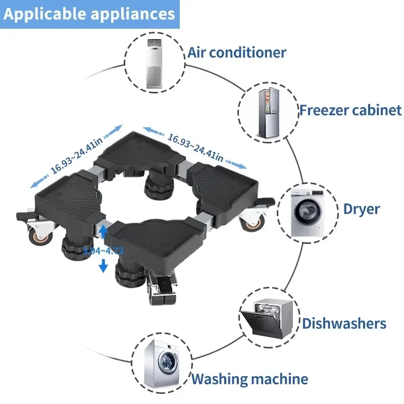 

Adjustable mobile trolley stand, refrigerator and washing machine storage rack, with universal wheels, moisture-proof and elevat