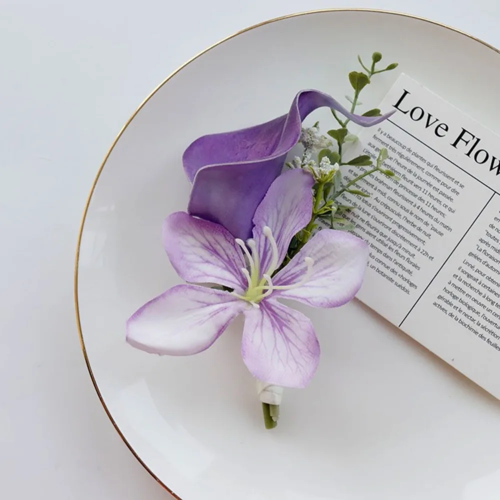Conjunto de ramillete y ojal morado para boda, graduación, pulseras de ramillete de muñeca con flores artificiales, pulsera de ramillete de regreso a casa
