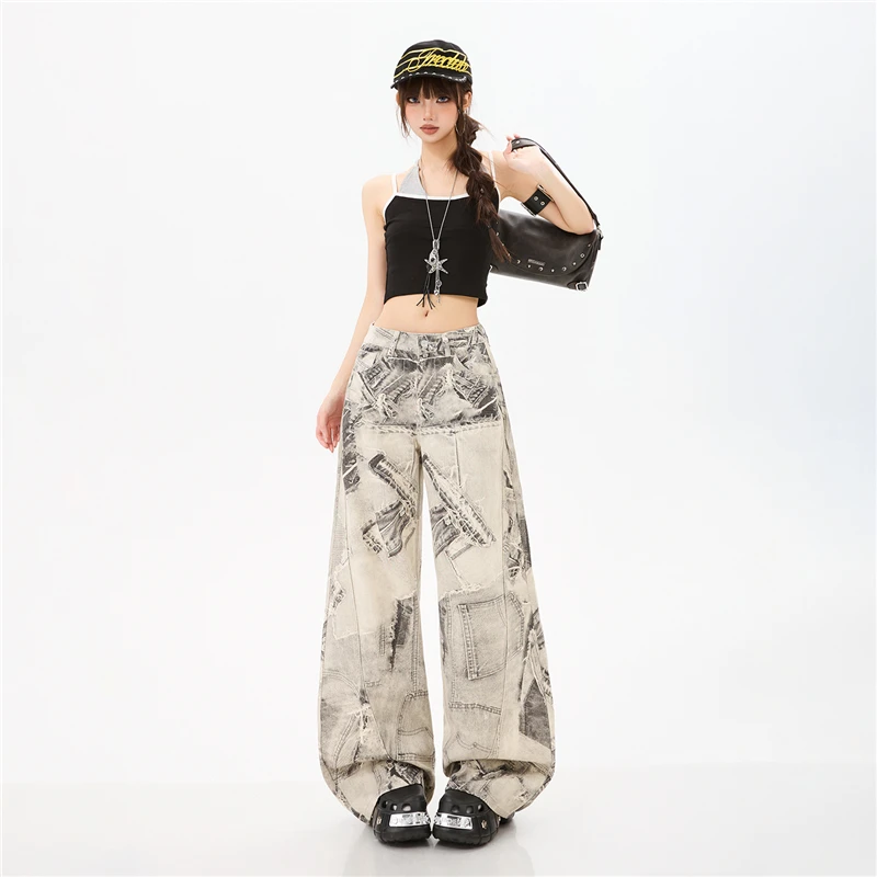 Women's Vintage Print Wide Leg Jeans Loose High Waist Baggy Denim Pants Retro Graphic Floor-Length Trousers Streetwear Y2K INS