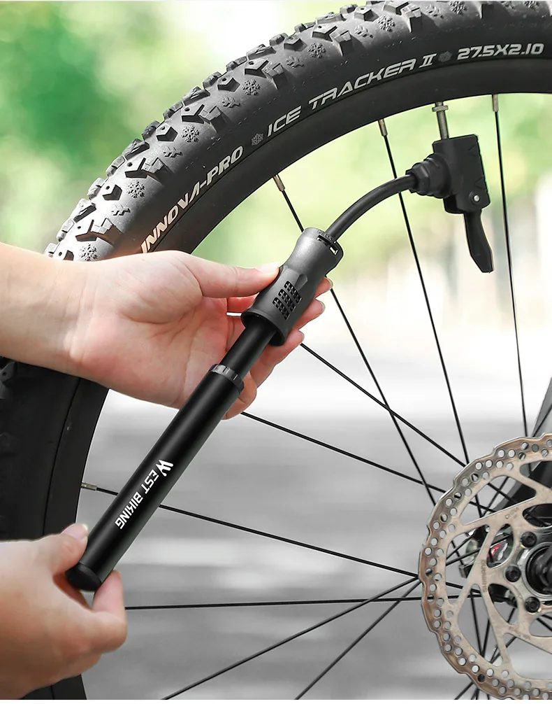WEST BIKING Tragbare Fahrradpumpe, Mini-Fahrradreifenfüller mit verstecktem Schlauch für Presta- und Schrader-Ventile, Zubehör für Rennrad und Mountainbike – Detail 14