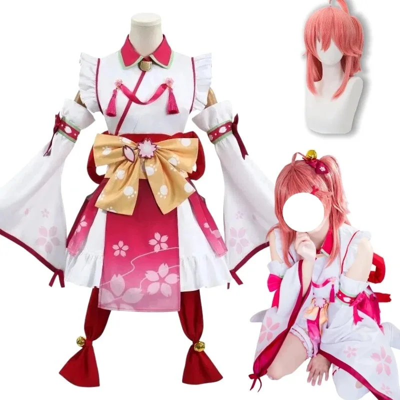 

Anime Sakura Miko Cosplay Costume Japanese Kimono Pink Cherry Blossoms Dress with Wig Full Set for Women Theme Party