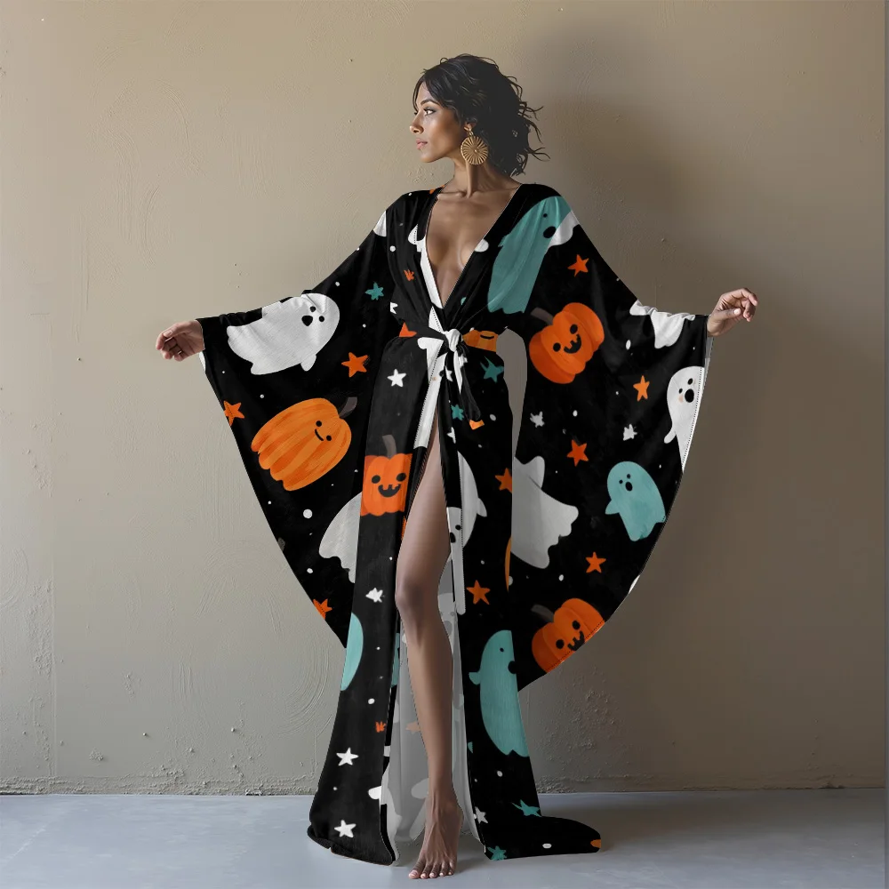 Halloween-Kimono-Robe für Damen mit niedlichem Geister- und Kürbismuster, Strand-Vertuschung, Party, Kostüm, Festival, Urlaub, Resort-Kleidung