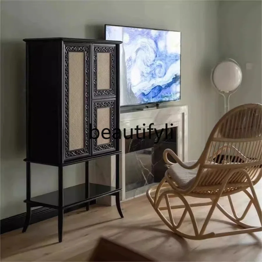 

6239Rattan Carved Vintage Solid Wood Mid-Century Style Display Storage Cabinet Entryway Tall Wine Cabinet