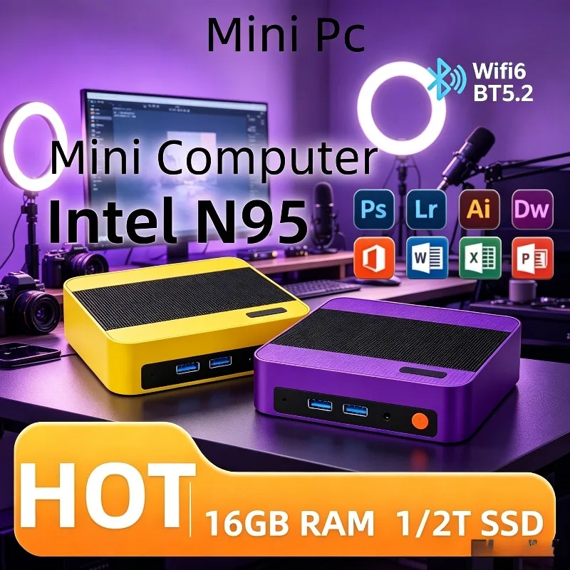 Fanless Mini PC Core N95, 16GB DDR4, 512GB NVMe SSD, Triple 4K Output, Silent Operation, Small Desktop for Office, Home