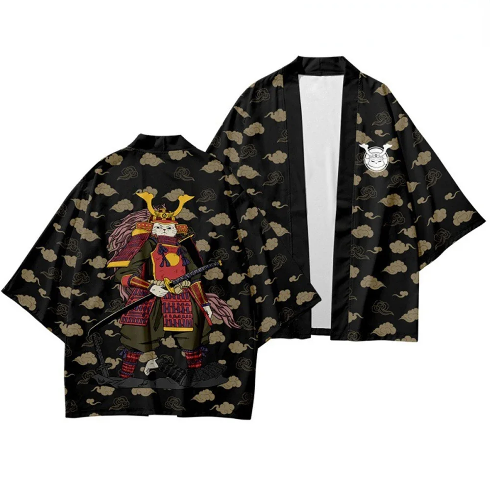 Japanse Kimono Yukata Samurai Kimono Kat Print Shirt Kleding Kimono Cardigan Vrouwen Mannen Traditioneel Japan Samurai Kostuum