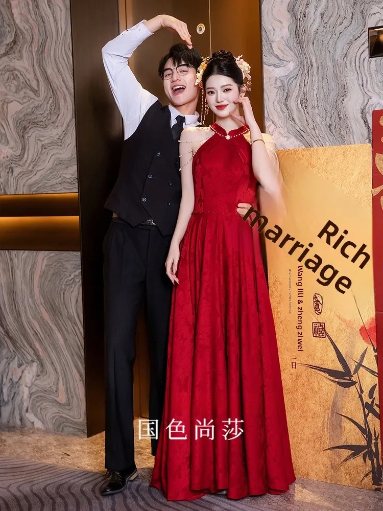 

Red Wedding Dr Sle Engagement Par Evening Gown Women's High-End Feelings Marital Retro Sle Long A-Line Skirt