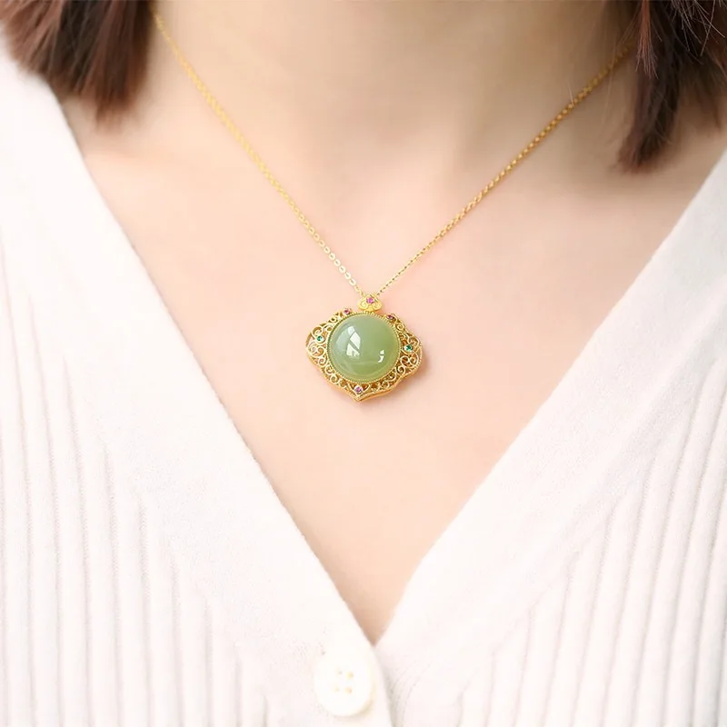 Natural Hetian jasper crystal double-sided pendant palace style hollow can open the Gawu box necklace ancient silver jewelry image 5