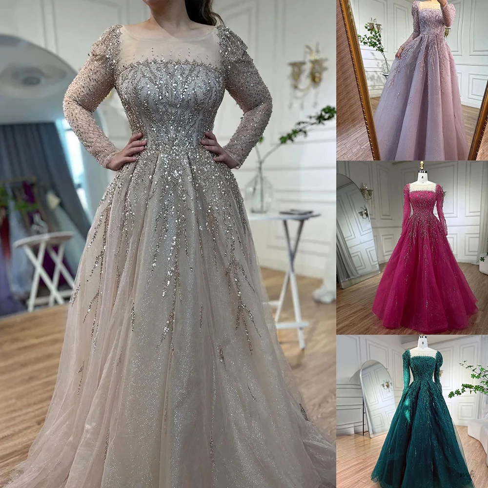 

A Line Evening Dresses Gowns Long Sleeves O-Neck Lace Up Sequins Beaded Court Train Luxury For Woman Prom Party Customized