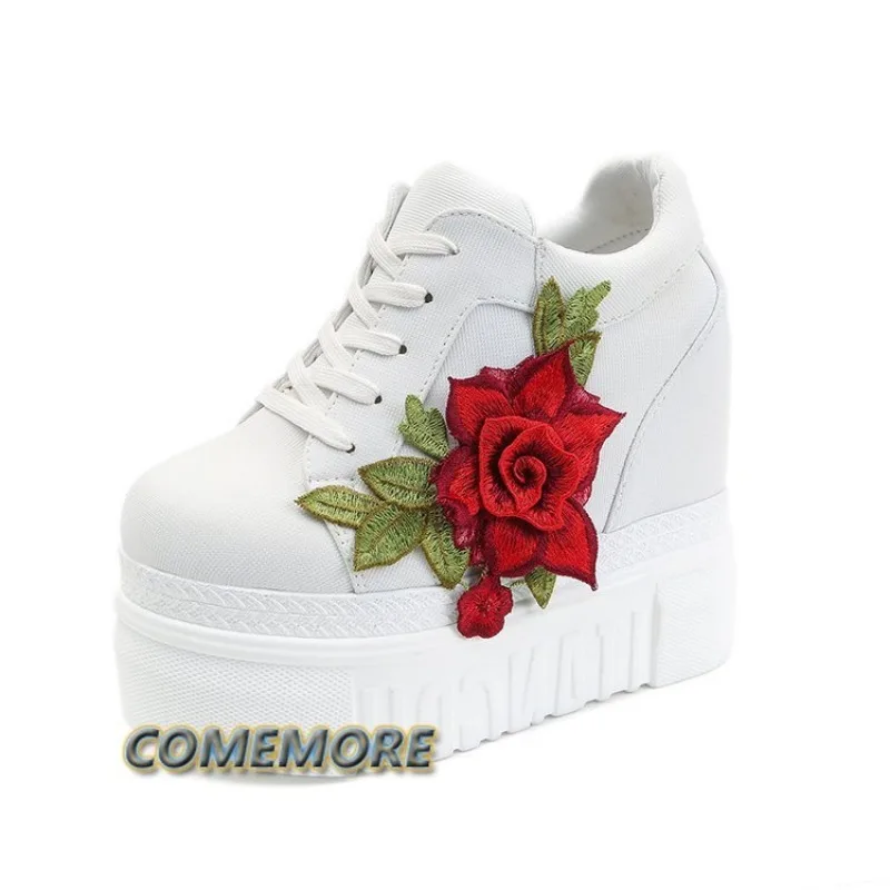 Sneakers Women\'s High Platform Tennis Sports Red Casual Shoes Embroidered Flowers Basketball Woman Canvas Spring Autumn Fashion