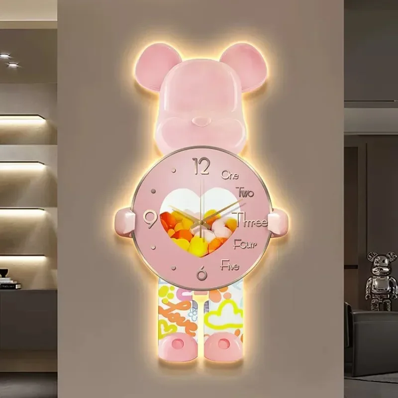 Aesthetic Bear Wall Clock LED Lamp Unique Bear Silent Watch Sconce Luxury Porch Livingroom Decoration Interior Light Clock Decor