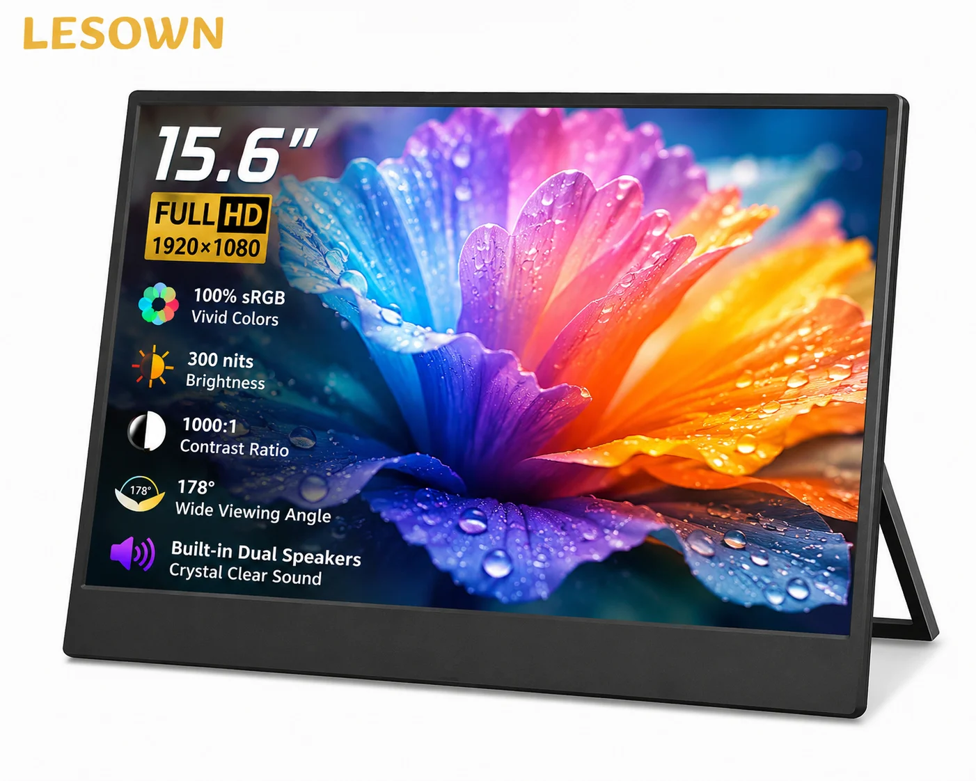 LESOWN 15.6" 2K FHD Portable Monitor Plug&Play Driverless Slim Extended Screen Built-in Stand Universal Connectivity for MacBook