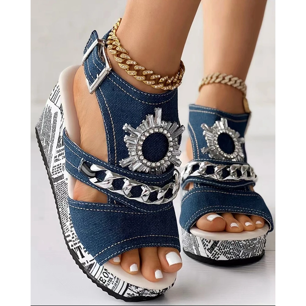 Women Newpaper Pearls Studded Fringe Hem Wedge Sandals Outdoor Summer Fashion Platform Buckle Strap Going Out Peep Toe Shoes