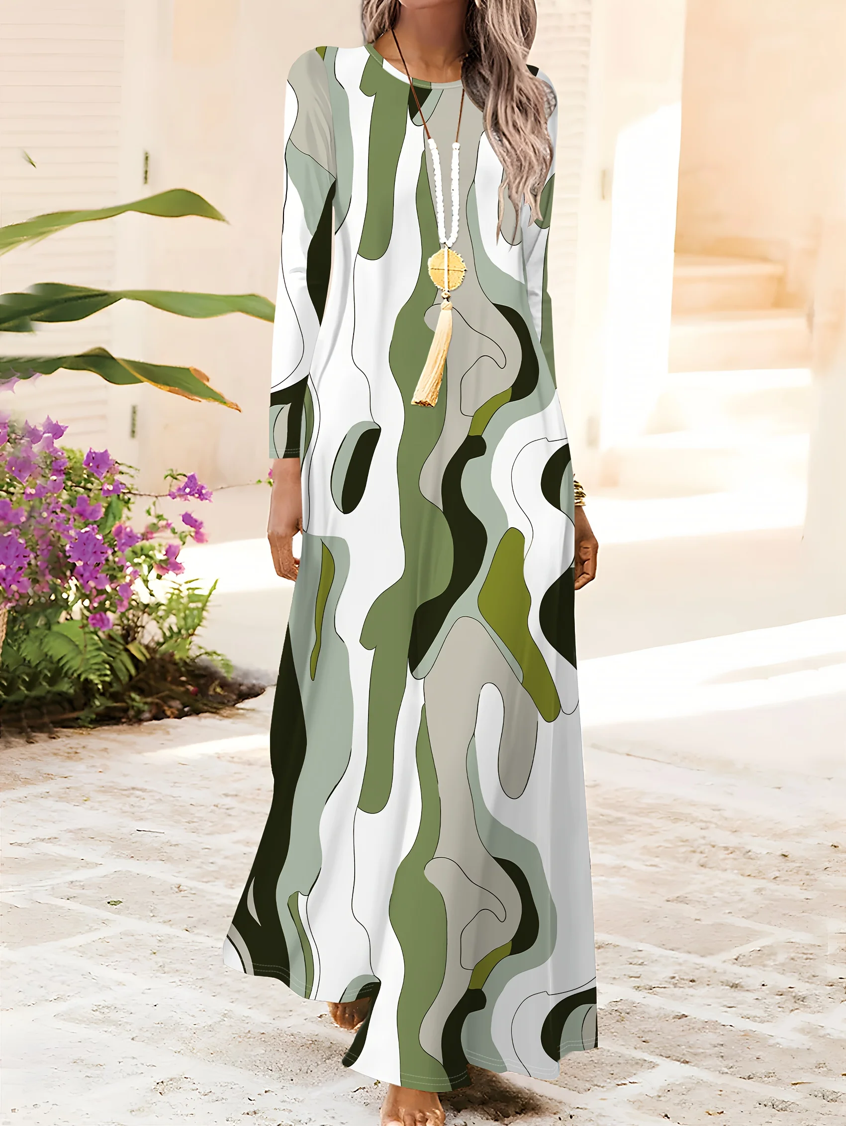 Damen-Kleid mit langen Ärmeln und Rundhalsausschnitt, Urlaubsstil, abstrakter Wellendruck, grün-weißes Blumenmuster, lässiges Sommerkleid, A-Linie