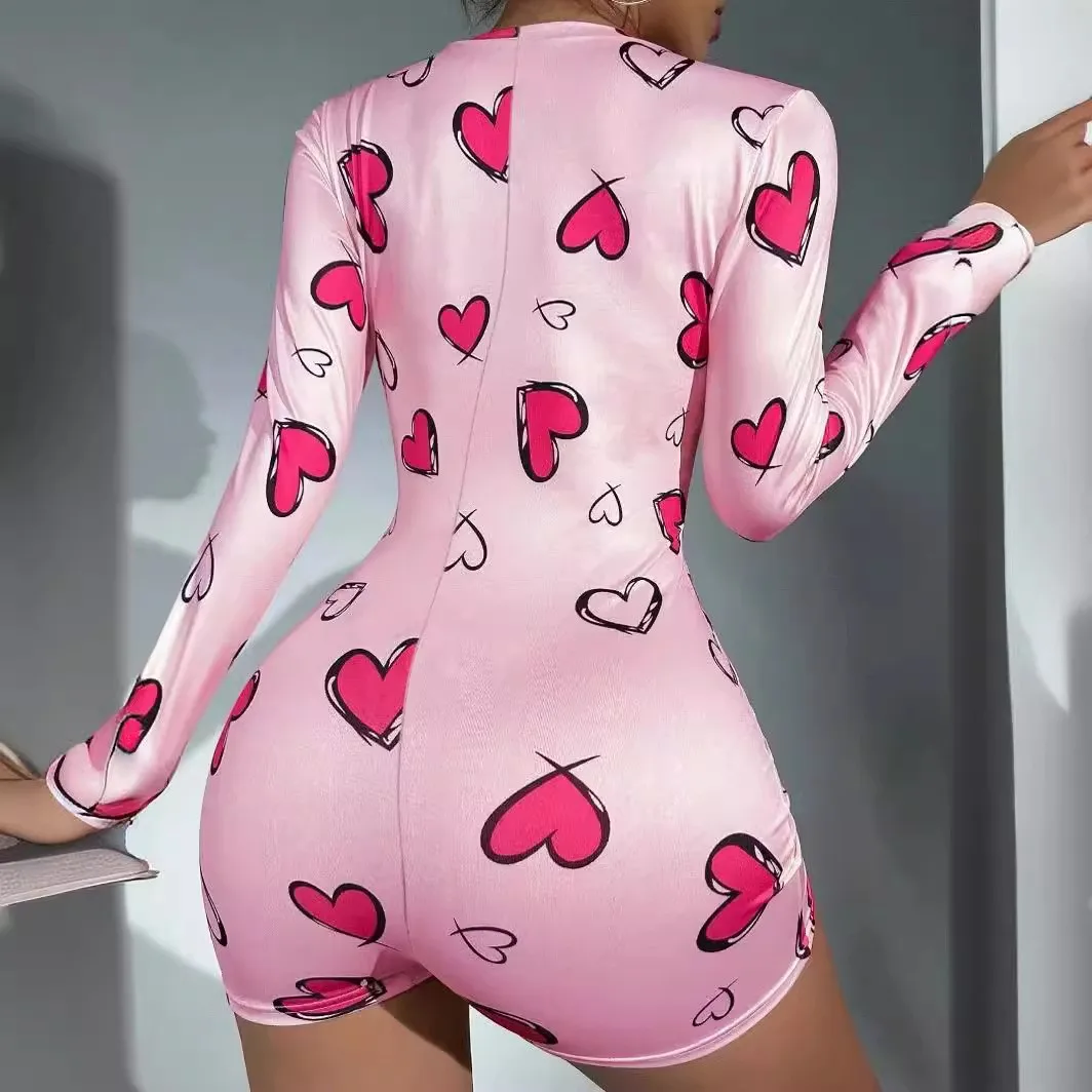 Summer Sexy Heart Print Pajama Romper Short Sleeve Button Up V Neck Slim Fit Romper Women\'s Sleepwear Loungewea