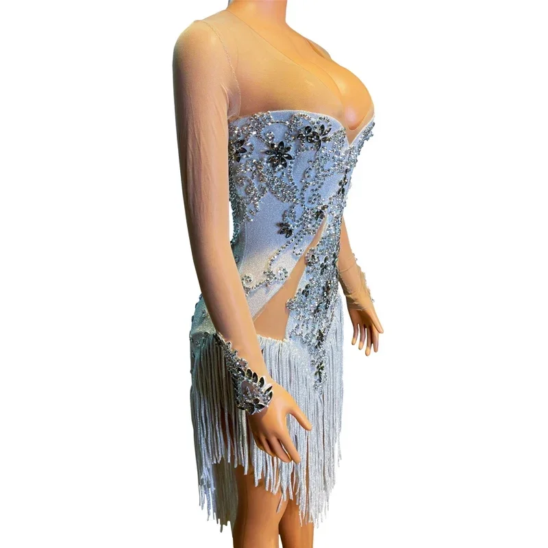 Vestido Sexy con flecos y diamantes de imitación para mujer, traje de fiesta de noche, Gogo, baile, escenario, Rave