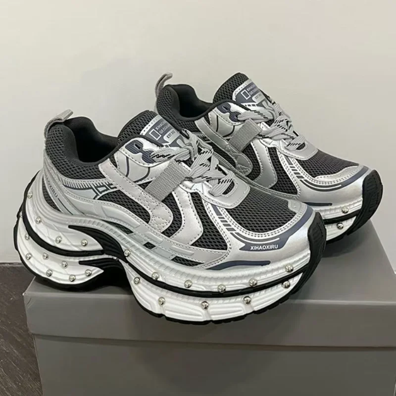 

Studded Platform Shoes Retro Warm Mesh Breathable Athletic Shoes Fashion Casual Flat Shoes Lace-up Women Height-increasing Shoes