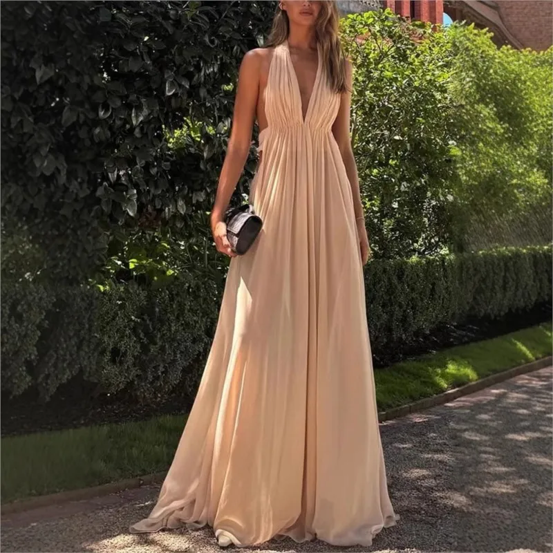 

Summer Deep V-neck Long Evening Dress Women's Sexy Pleated Hanging Neck Backless Dress Fashion High Waist Solid Color Long Skirt