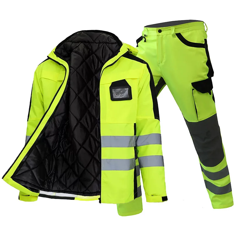 

Reflective Suits for Work in Winter 3 in 1 Hi Vis Workwear Waterproof Jacket with Linner and Working Pants Men Reflective Set