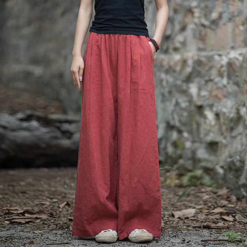 Spring Summer Cotton Linen Wide-leg Pants Women's Clothes Retro Casual Trouser All-match Straight Pants Black Elastic High Waist
