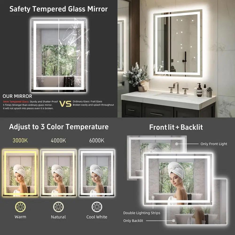 

24 x 32 Backlit LED Bathroom Mirror, Dimmable, Dual-Light, Tempered Glass Vanity Mirror with 3 Color Options