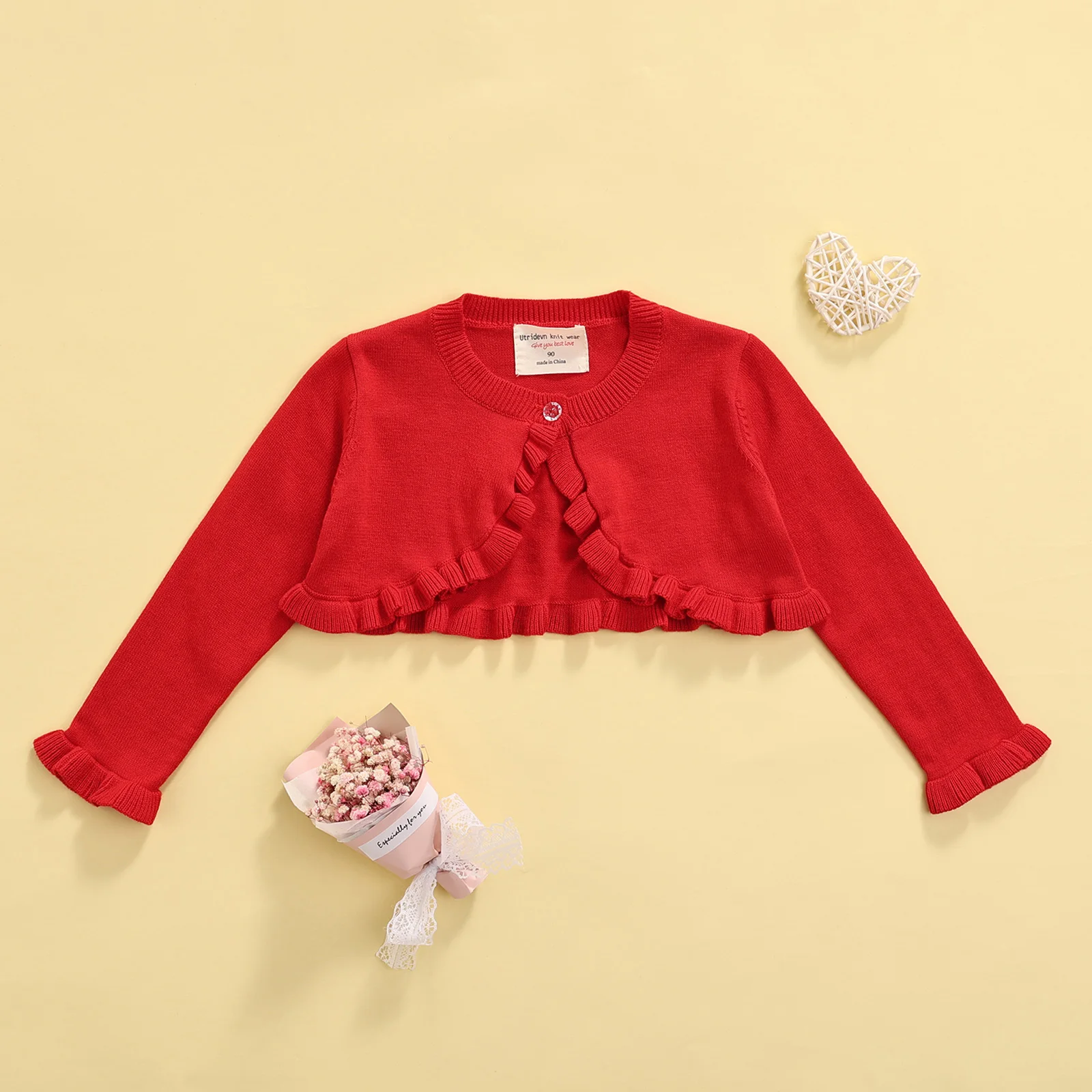 1-6Y Toddler Girl White Knitted Bolero Cardigan Long Sleeve Ruffle One Button Cute Jacket Outwear Kid Sweater Top Dress Cover Up