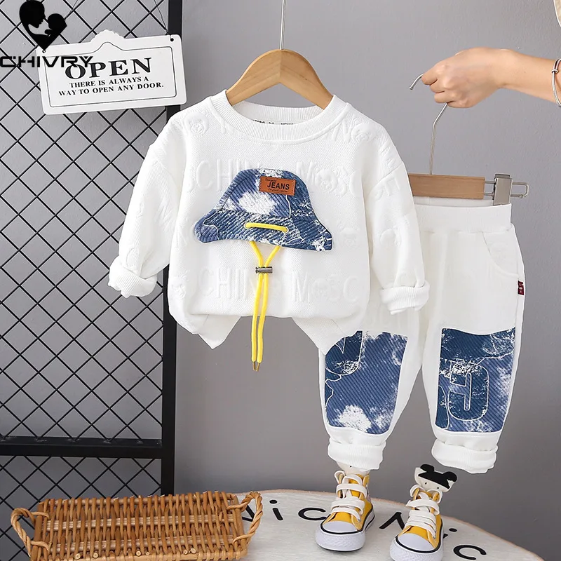 

New 2023 Kids Autumn Fashion Denim Hat Drawstring Sweatshirt Tops with Patchwork Sports Pants Baby Boys Casual Clothing Sets