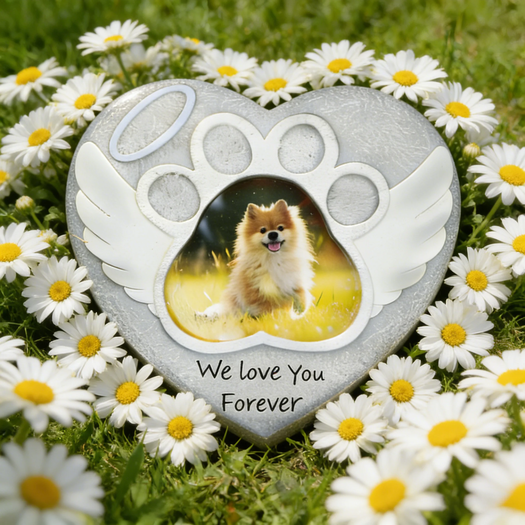 Pet Memorial Heart-Shaped Frame with Angel Wings and Halo - 'We Will Always Love You' Paw Print Tombstone Sign, Resin Pet Funera