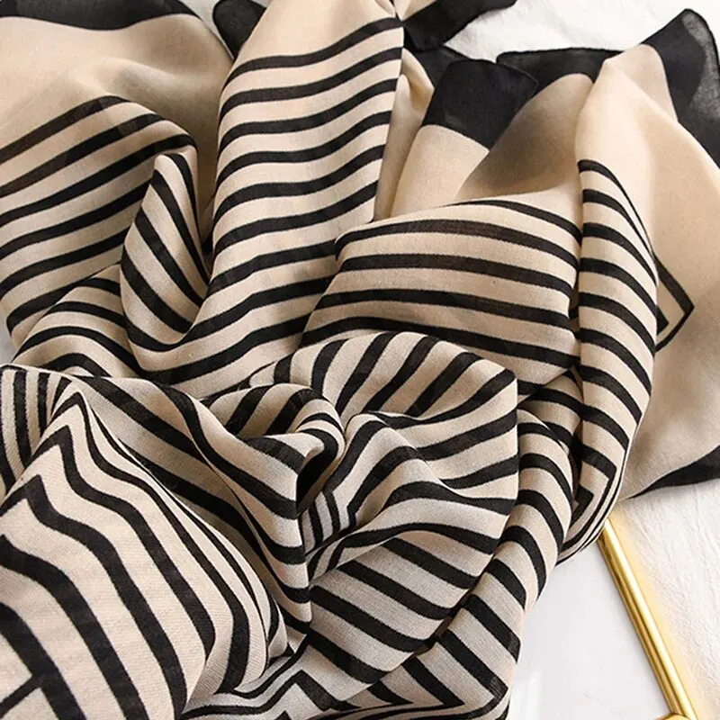 Women Cotton Viscose Striped Scarf Geometric Printed Muffler Spring Summer Beach Towel Air Conditioning Long Shawl 182*83cm