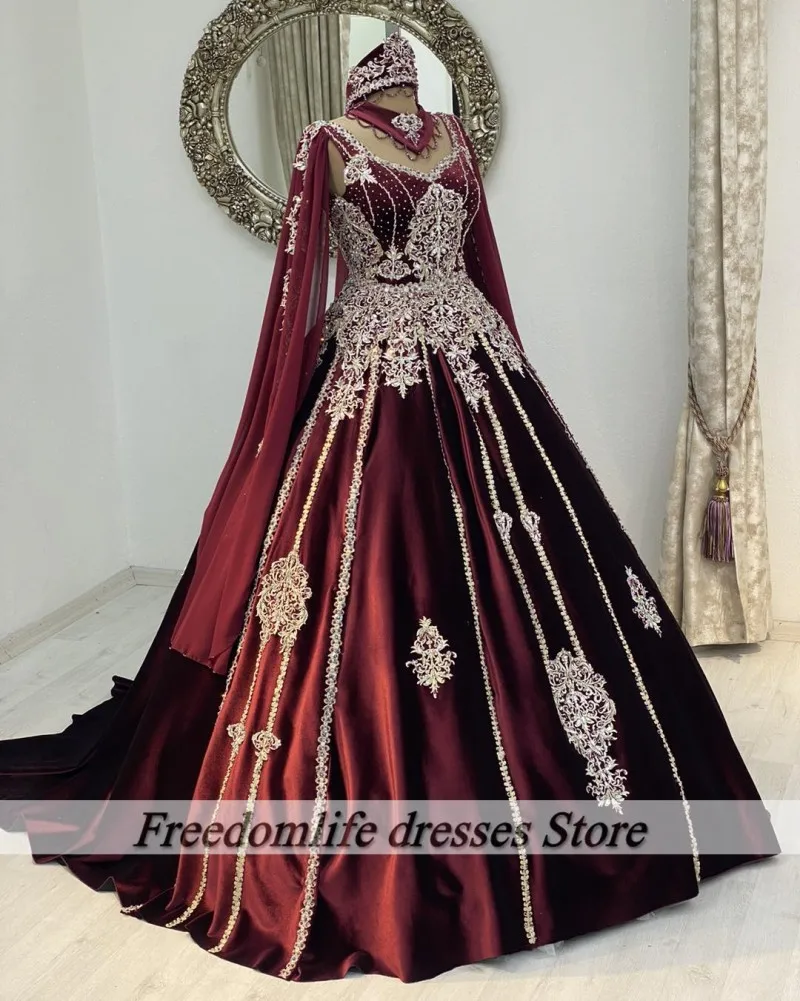 Tradicional caftan borgonha vestidos de noite renda applqiue formal marocain vestidos de festa 2025 vestido de baile robe de mariage personalizado