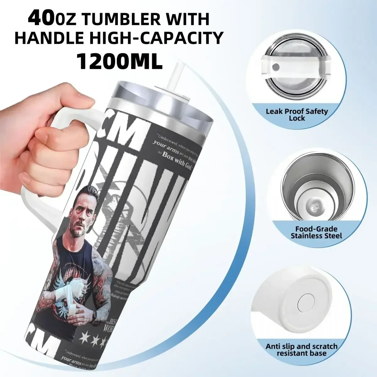 Stainless Steel Tumbler CM Punk Wrestling Car Mugs With Straws Beach Cold Drink Water Bottle Heat Preservation 40oz Thermal Mugorders for other colors will be shipped randomly in black or white