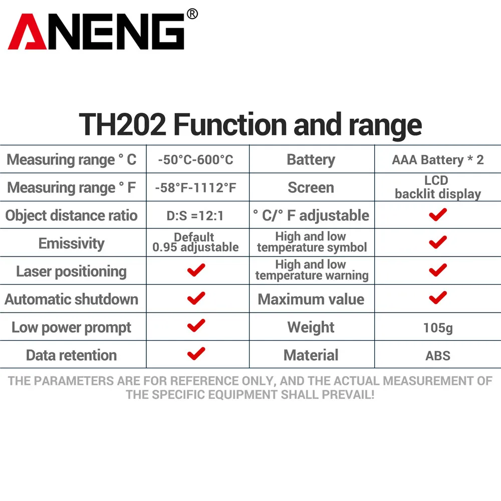 ANENG TH202 Thermometer Non Contact Hygrometer IR Laser Heat Handheld Temperature Gun LCD Backlit Display Screen Pyrometer