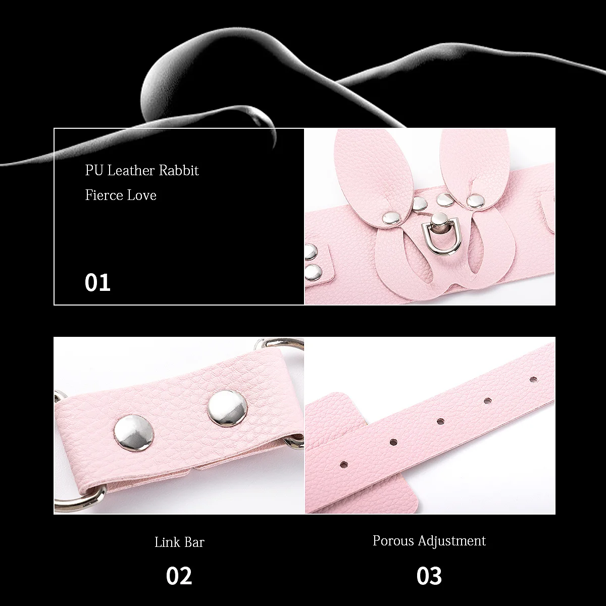 BDSM Pink Rabbit Ears Handcuffs Adult Firlting Toys PU Leather Sex Toys Bondage Suits Adjustable for Couples and Adults