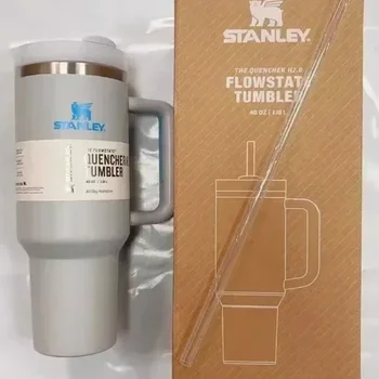 StanleySTANLEY 퀀처 H2.O 플로우 스테이트™뚜껑이 달린 단열 보온 컵 텀블러, 크림 글로스 데코, 40 oz 