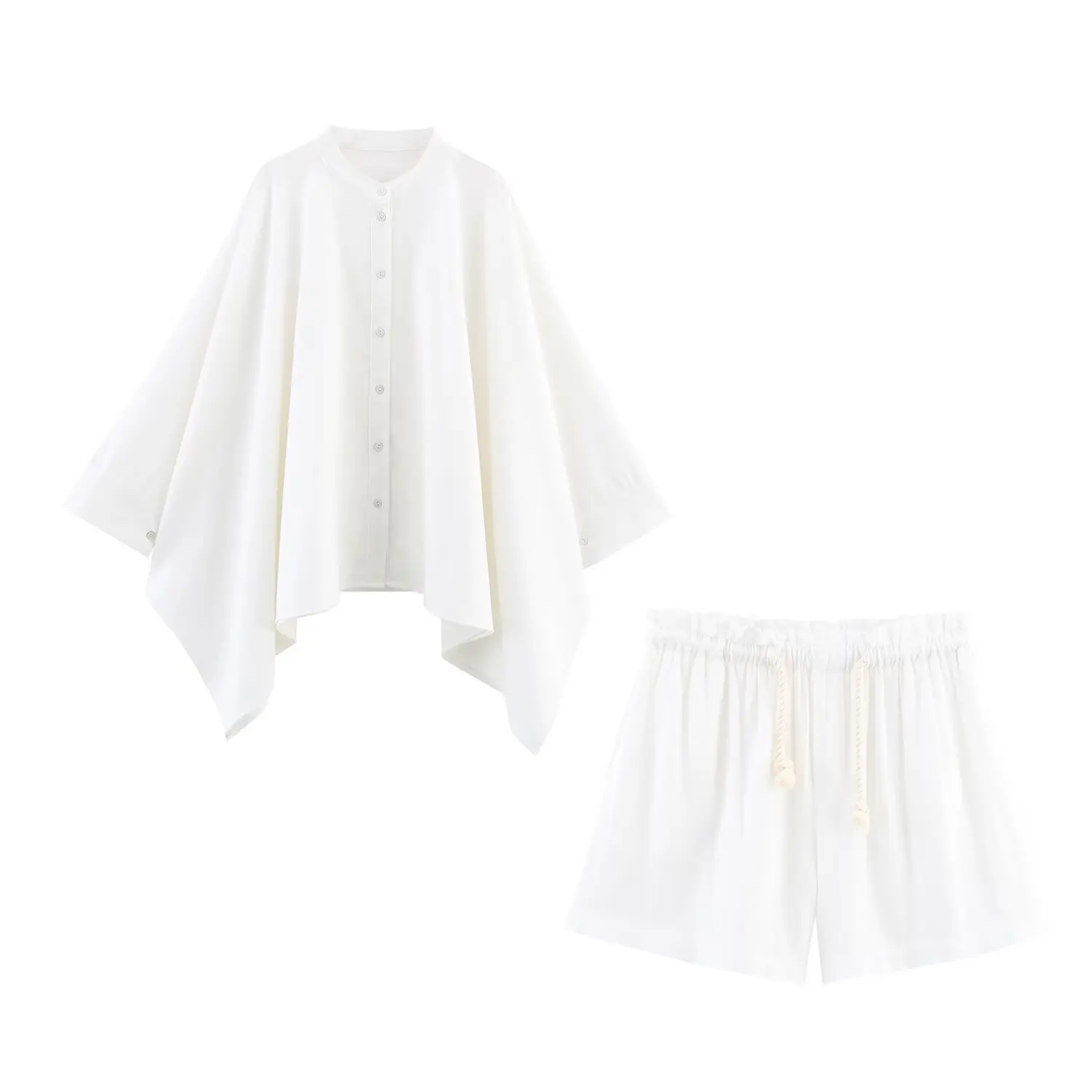 

ZBZA Women Loose Bat Shirt Shorts Set Crew Neck Single Breasted Casual Blouse Lace-up Elastic Waist Shorts Summer New Chic Suit