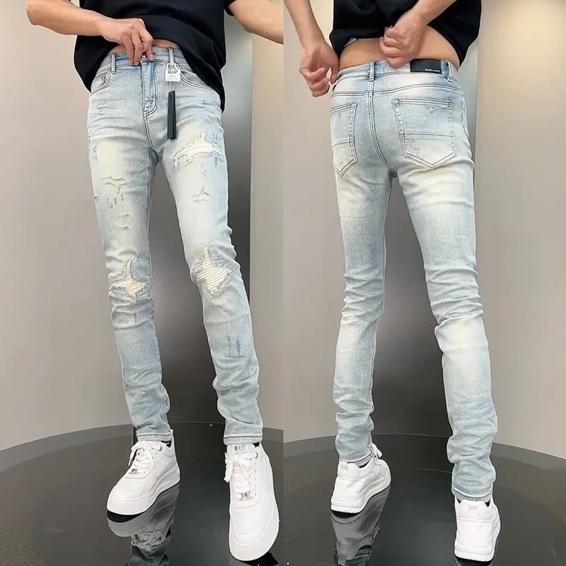 2024 Jeans For Man Classic Patchwork Light Blue Stretch Ripped Denim Pants High Quality Slim Fit Stretch Hip Hop Men\'s Clothing