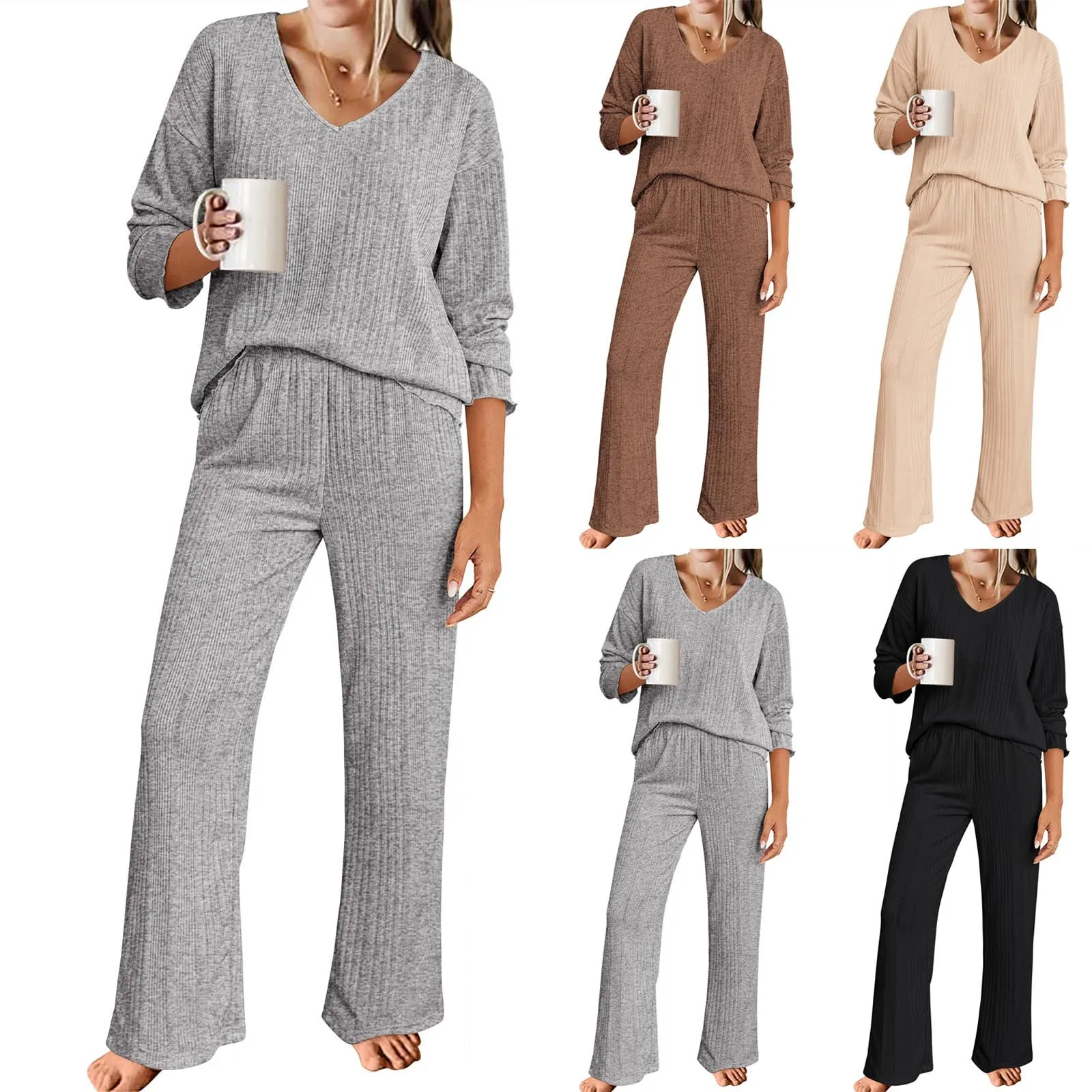 Womens Ribbed Knit Pajamas Set V Neck Long Sleeve Pj Set Matching Outfits Top And Pant Loungewear Casual Sweatsuits 2024 Hot