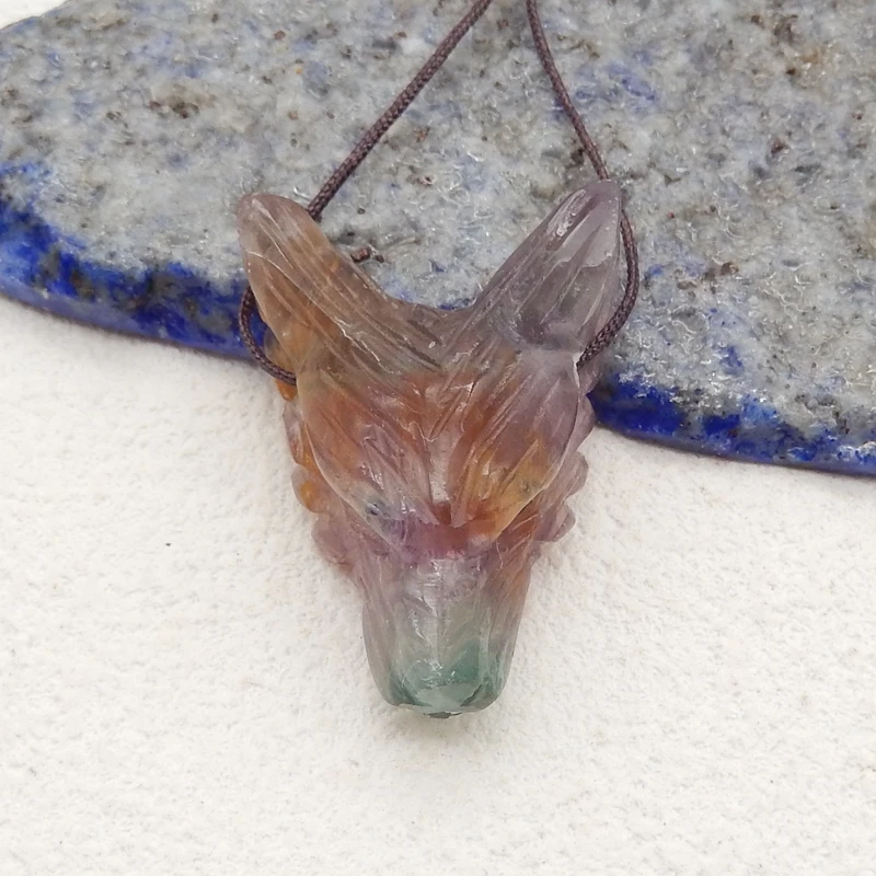 Natural Stone Rainbow Fluorite Wolf Head Pendant Reiki Healing Carved Animal DIY Animal Jewelry Necklace Gift 27x19x10mm 6g