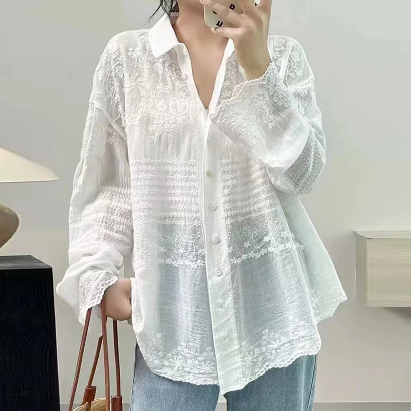 

Combhasaki Women Chic Hollowed Jacquard Tops Loose Fit Button-up Lapel Neck Long Sleeve Sun Protection Shirt Casual Streetwear
