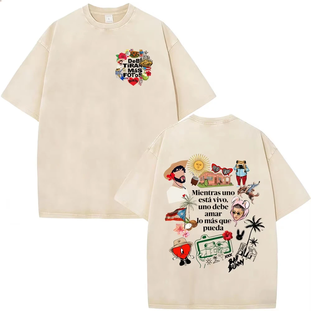 Rapper Bad Bunny Vintage Washed T Shirts Debi Tirar Mas Fotos DTMF T-shirts Men's Clothing Fashion High Quality T-shirt Couples