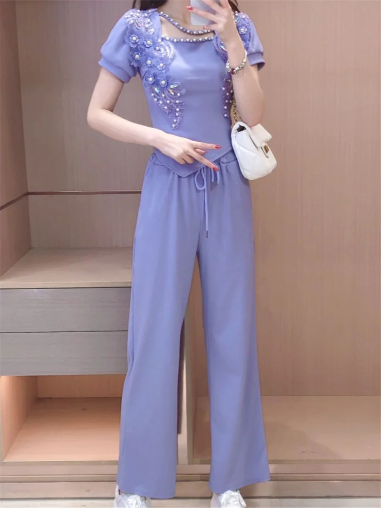 Trousers Woman Top and Purple Pant Sets for Women 2 Pieces Flowers Holiday Outfits Summer 2024 Korea Stylish Korean Style Bottom